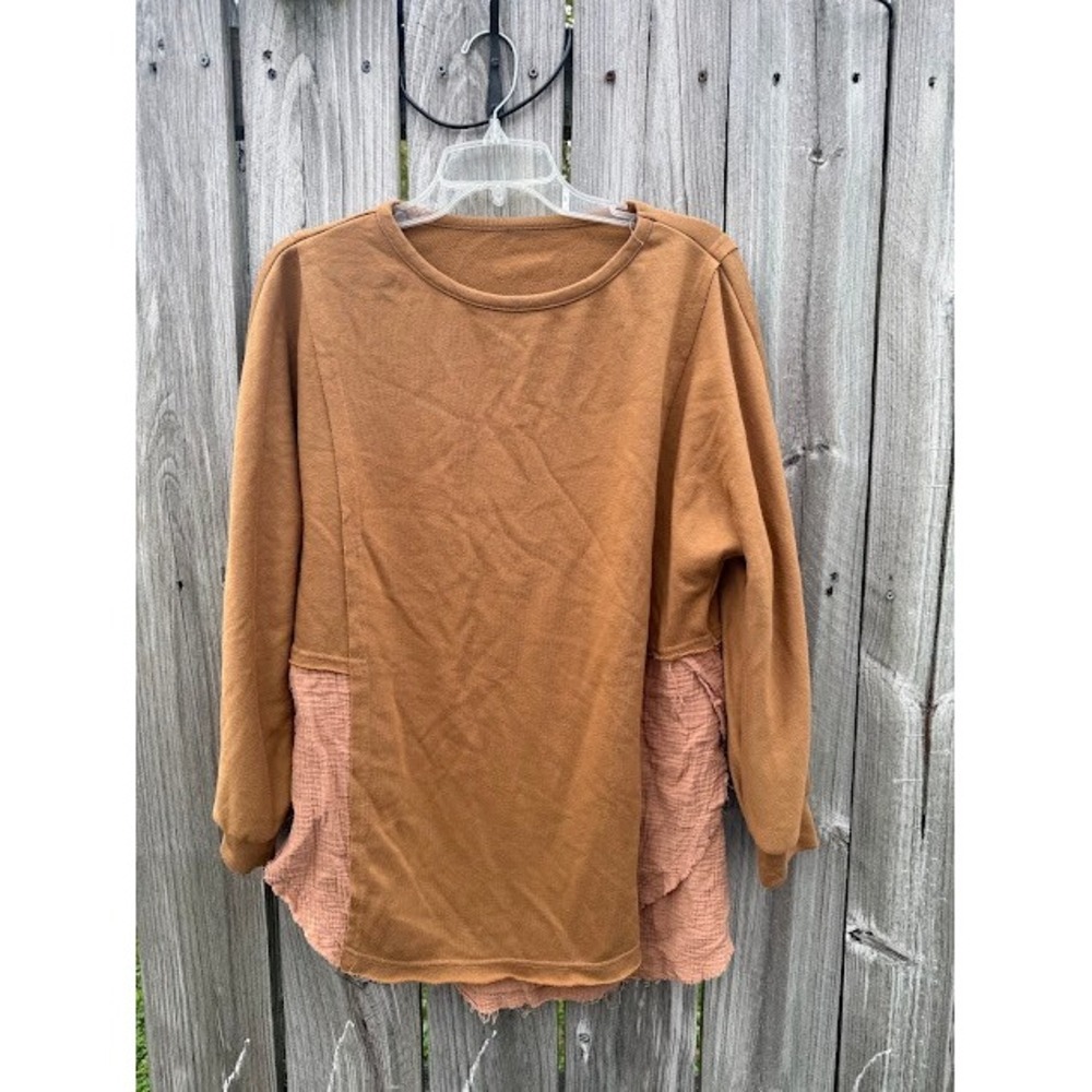 Boho Mixed Media Earth Tone Sweatshirt Size S Brown Pink Raw Edge Layered Look